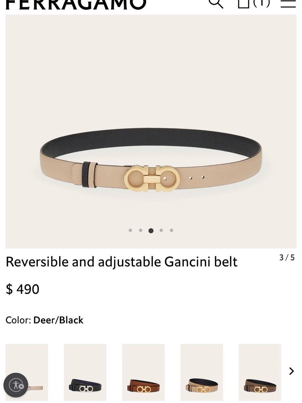 Salvatore Ferragamo Deer:Black Reversible Gancini Belt with Gold Buckle size 70